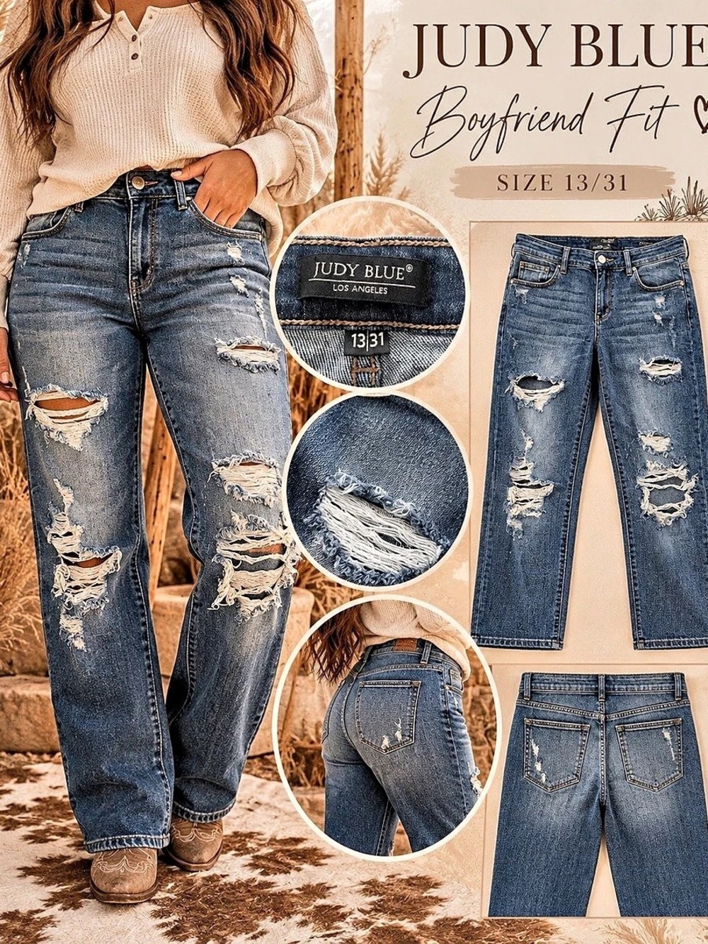 Judy Blue Boyfriend Fit Distressed Blue Jeans Waist 13/31